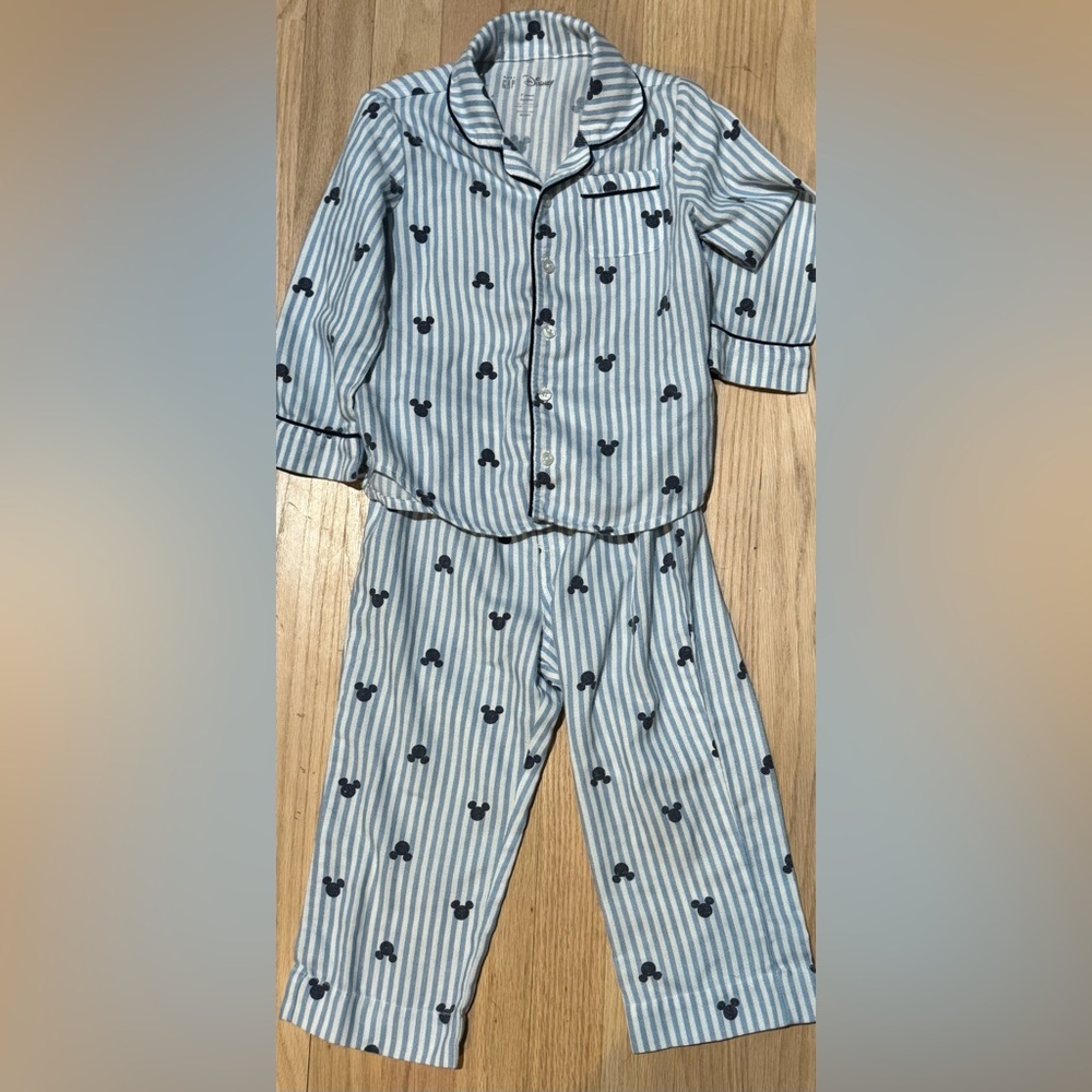Baby Gap Disney Striped Mickey Mouse Flannel Pajamas Pjs Long Johns 3